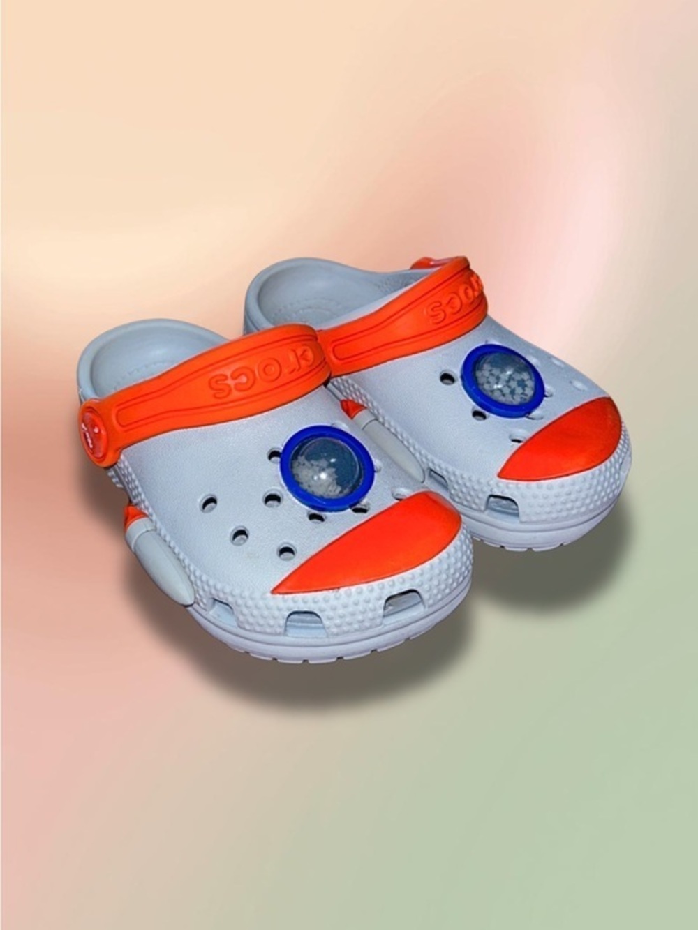 Crocs Rocket Ship Gray Orange Kids C7 Toddler Space Clogs EUC Unisex